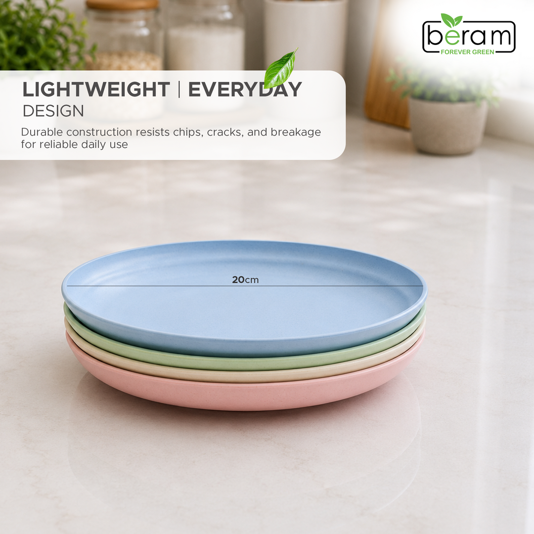 BERAM Wheat Straw Plate Set, Dinnerware Set of 4, Unbreakable Plates, Lightweight Dishes, Kitchen Crockery, Serving Saucers and Platters