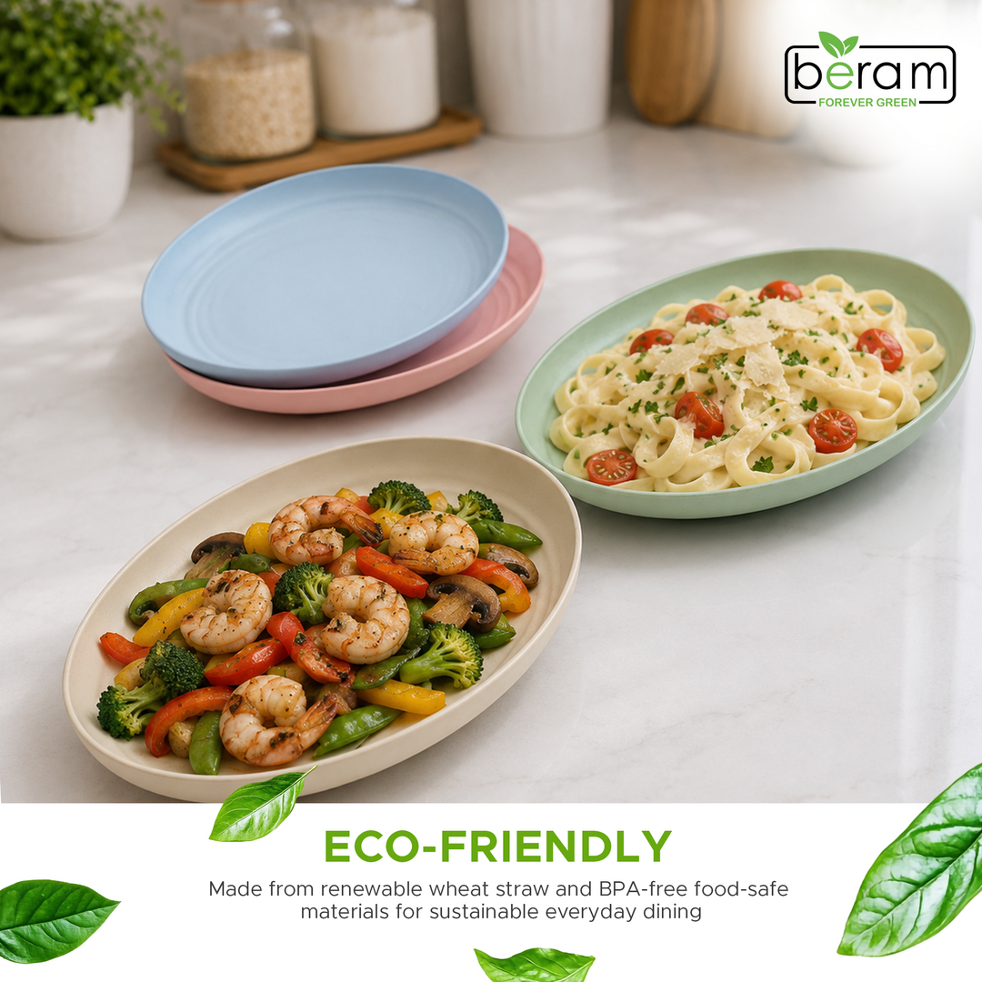 BERAM Wheat Straw Plate Set, Dinnerware Set of 4, Unbreakable Plates, Lightweight Dishes, Kitchen Crockery, Serving Saucers and Platters