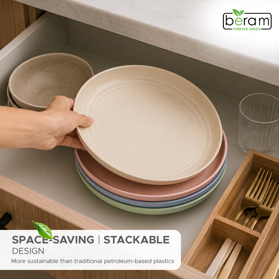 BERAM Wheat Straw Plate Set, Dinnerware Set of 4, Unbreakable Plates, Lightweight Dishes, Kitchen Crockery, Serving Saucers and Platters