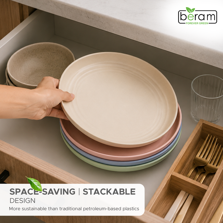BERAM Wheat Straw Plate Set, Dinnerware Set of 4, Unbreakable Plates, Lightweight Dishes, Kitchen Crockery, Serving Saucers and Platters