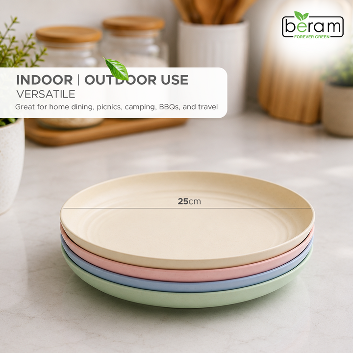BERAM Wheat Straw Plate Set, Dinnerware Set of 4, Unbreakable Plates, Lightweight Dishes, Kitchen Crockery, Serving Saucers and Platters