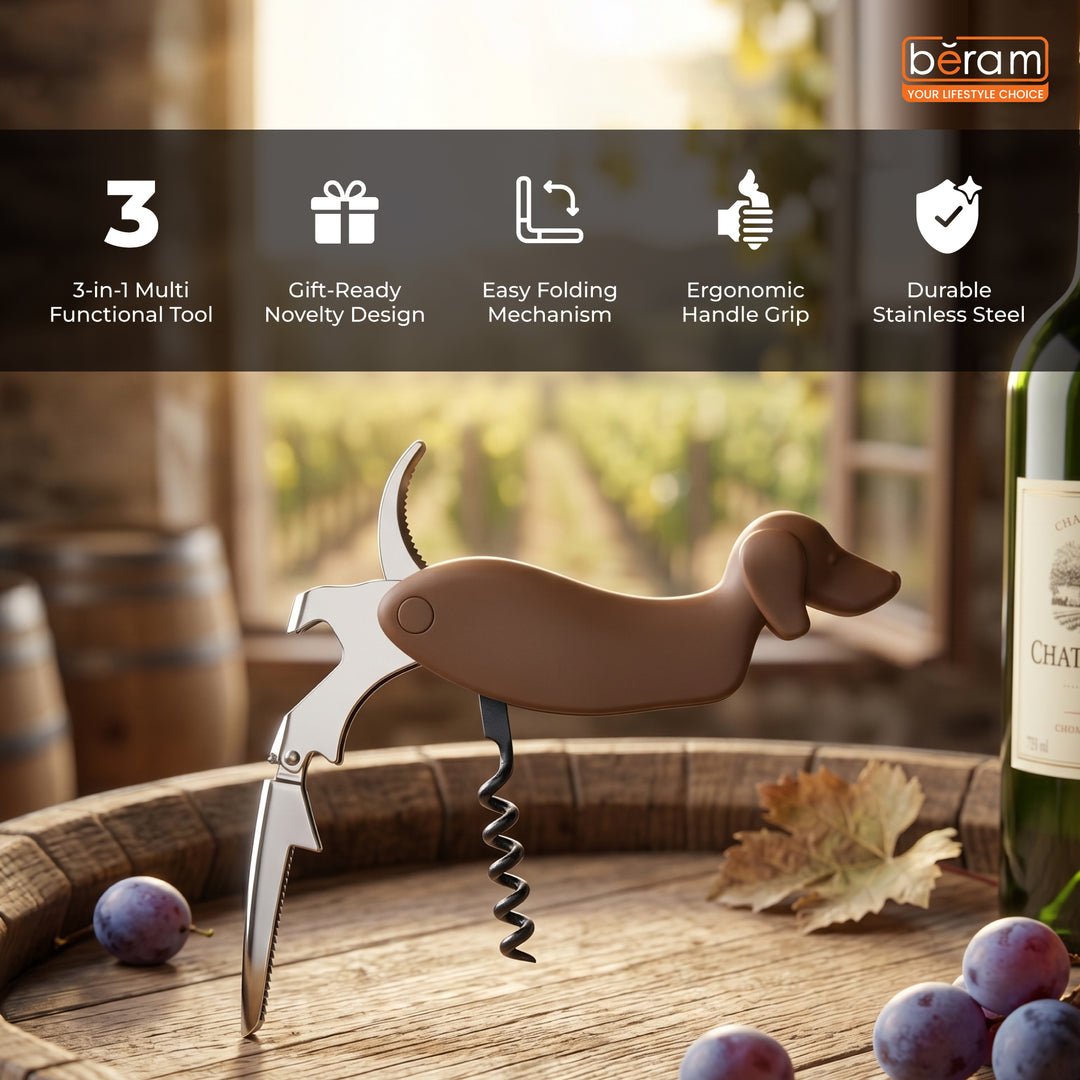 Beram Dachshund Dog Multi Opener, Multifunctional Stainless Steel Bottle Opener With Foil Cutter, Waiter's Corkscrew, For Restaurant, Parties, Functions And Home Use, Summer Drinkware Accessories
