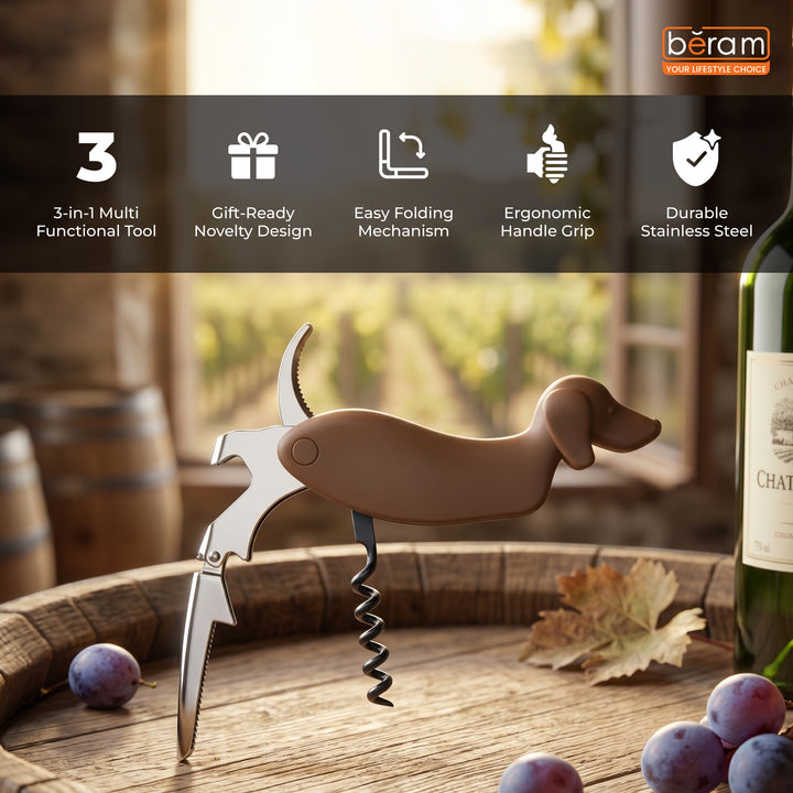 Beram Dachshund Dog Multi Opener, Multifunctional Stainless Steel Bottle Opener With Foil Cutter, Waiter's Corkscrew, For Restaurant, Parties, Functions And Home Use, Summer Drinkware Accessories