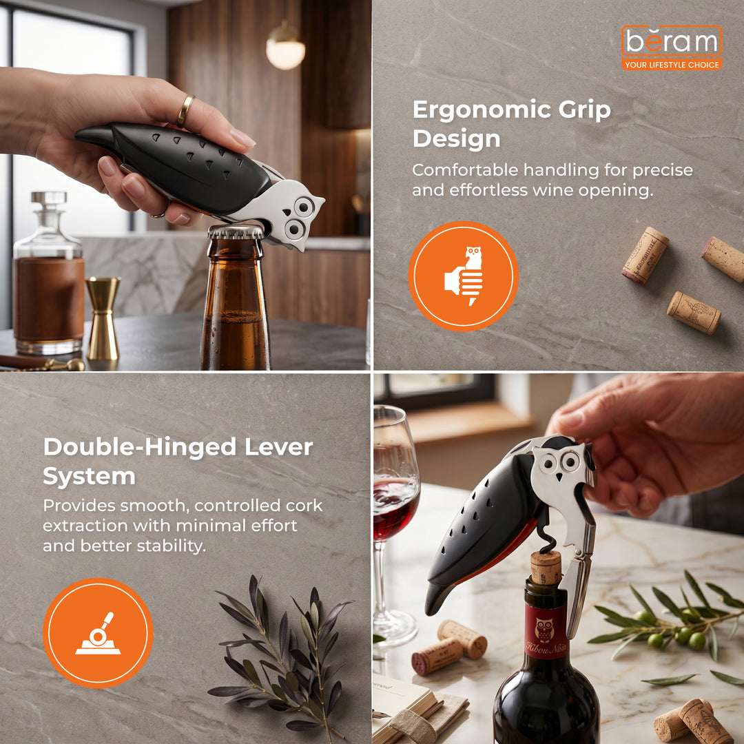 BERAM Owl-Shaped Waiter's Corkscrew – Multifunctional Stainless Steel Wine Bottle Opener with Foil Cutter, Manual Wine Key for Bartenders, Servers, and Home Kitchens