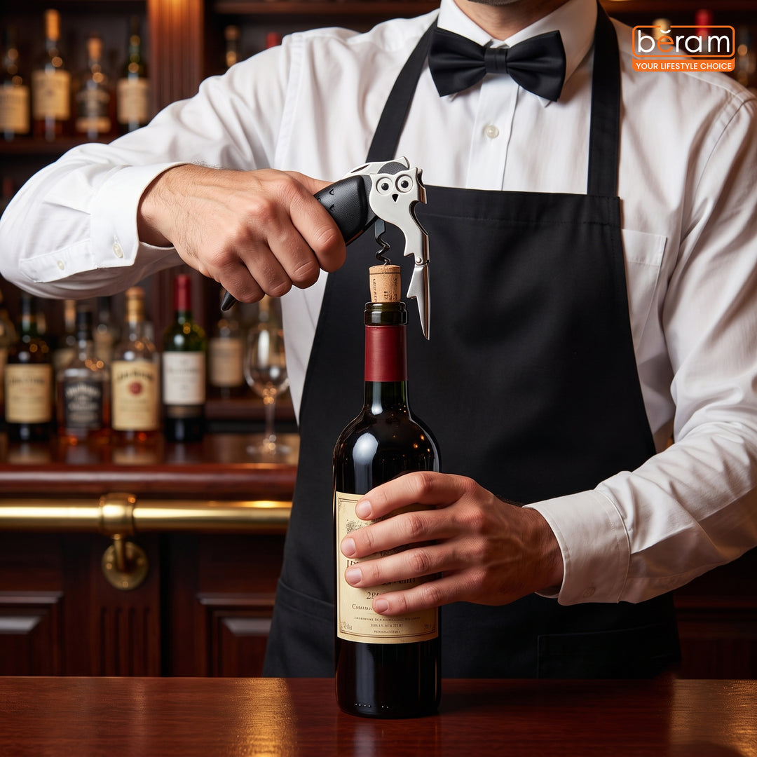 BERAM Owl-Shaped Waiter's Corkscrew – Multifunctional Stainless Steel Wine Bottle Opener with Foil Cutter, Manual Wine Key for Bartenders, Servers, and Home Kitchens