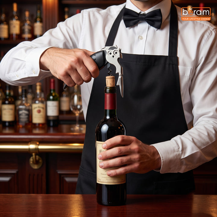 BERAM Owl-Shaped Waiter's Corkscrew – Multifunctional Stainless Steel Wine Bottle Opener with Foil Cutter, Manual Wine Key for Bartenders, Servers, and Home Kitchens