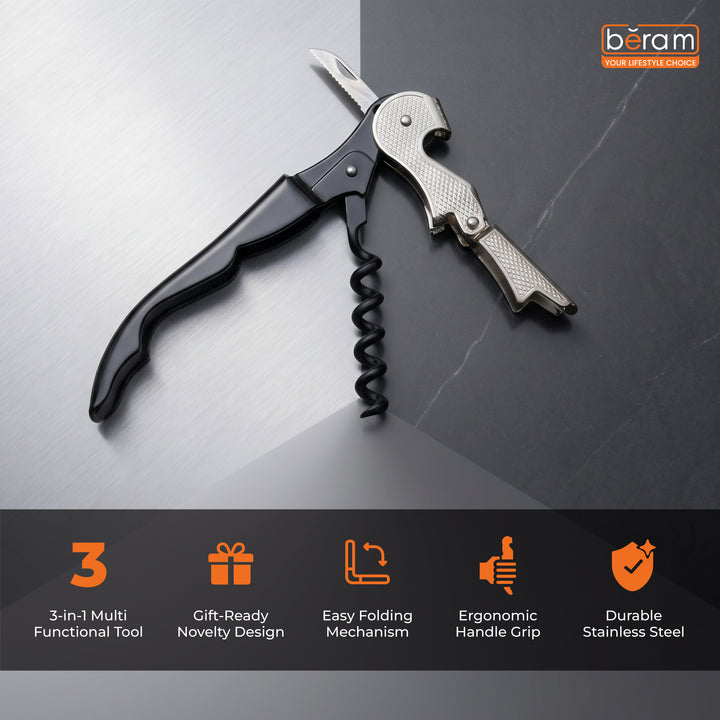 BERAM Professional Corkscrew Wine Bottle Opener with Foil Cutter – Heavy Duty Manual Wine Key, Waiter’s Corkscrew for Bartenders & Servers, Gift Box Included (Black)