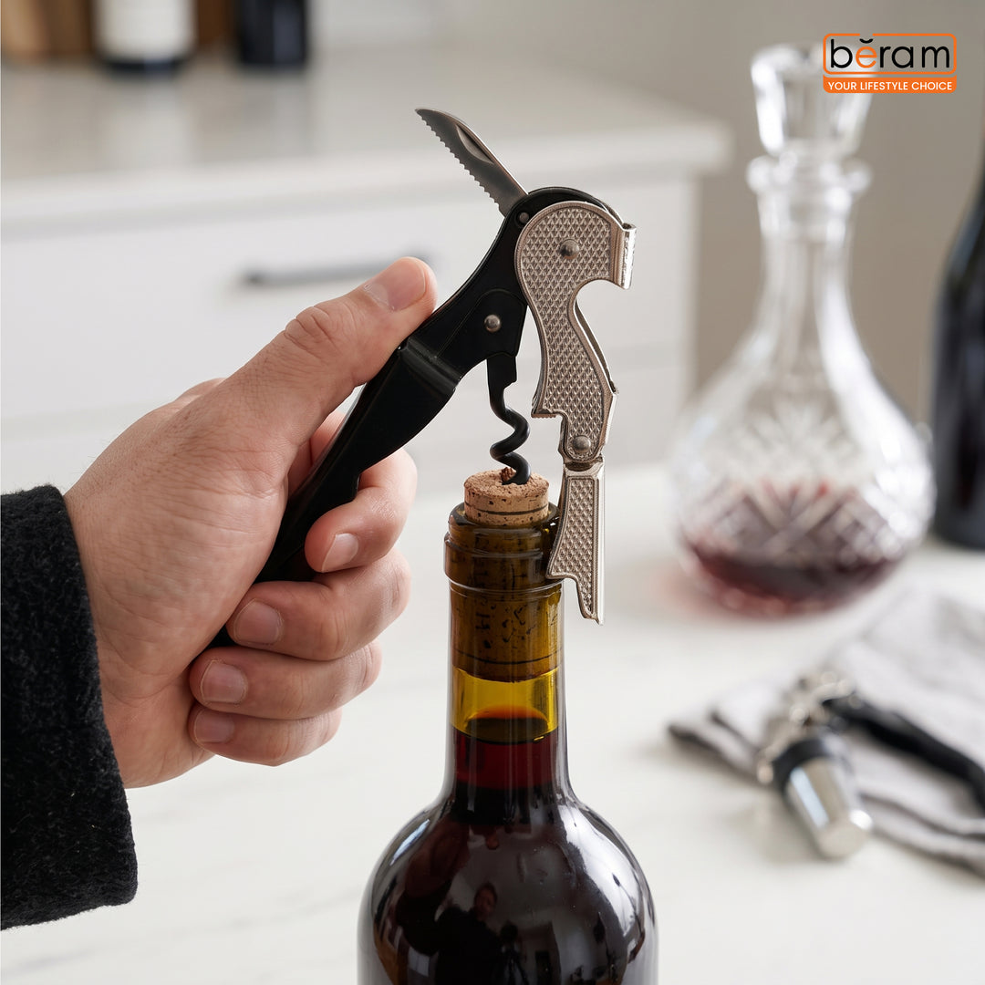 BERAM Professional Corkscrew Wine Bottle Opener with Foil Cutter – Heavy Duty Manual Wine Key, Waiter’s Corkscrew for Bartenders & Servers, Gift Box Included (Black)