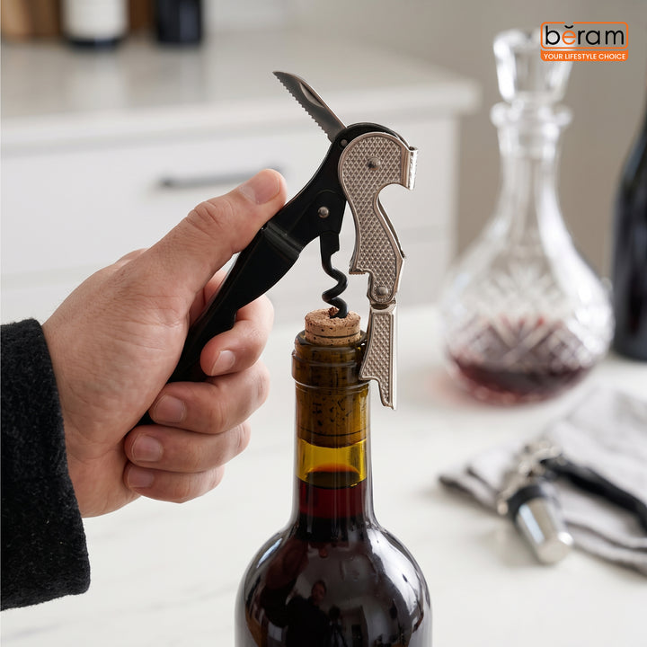 BERAM Professional Corkscrew Wine Bottle Opener with Foil Cutter – Heavy Duty Manual Wine Key, Waiter’s Corkscrew for Bartenders & Servers, Gift Box Included (Black)