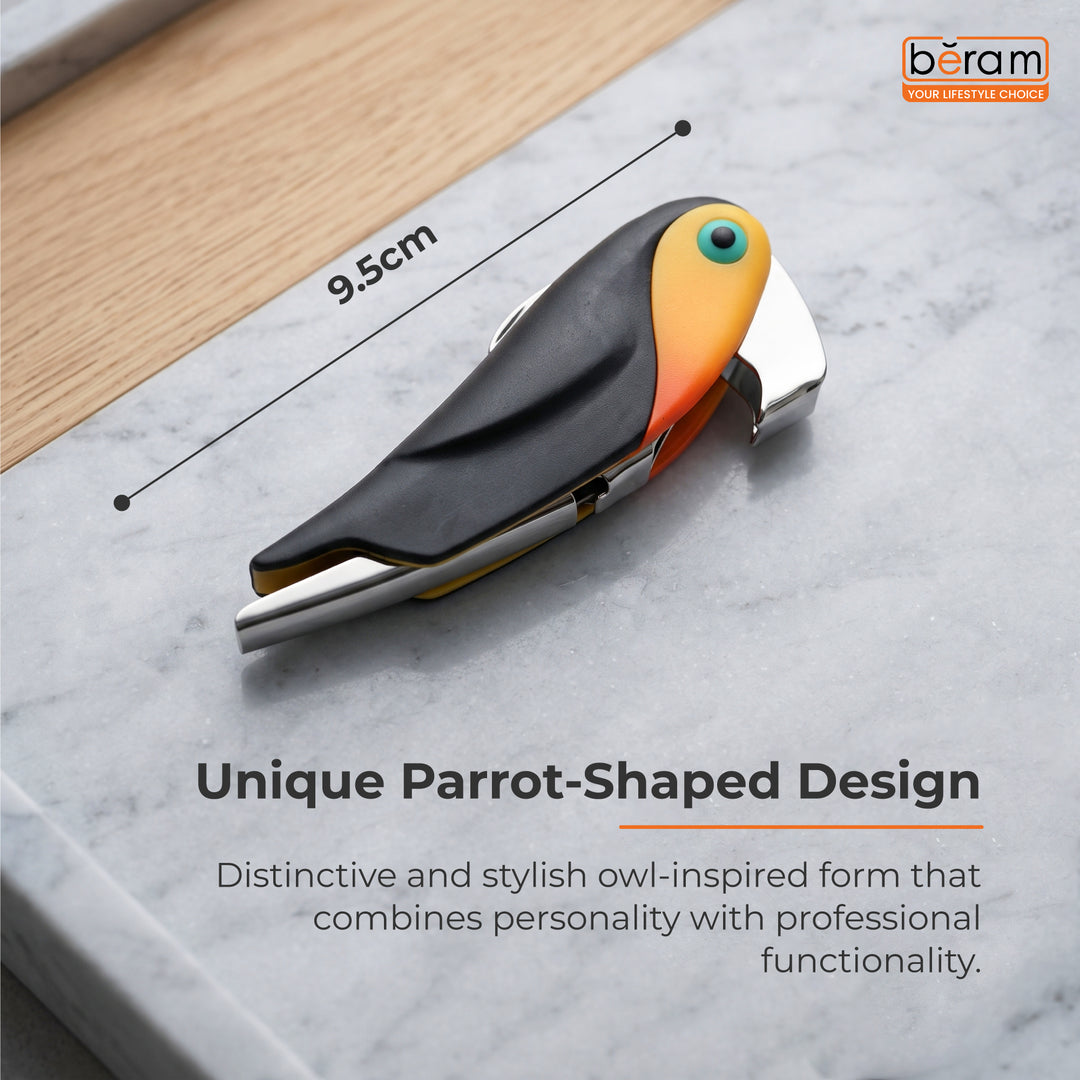 BERAM Multifunctional Parrot-Themed Waiter’s Corkscrew – Stainless Steel Bottle Opener with Heavy-Duty Hinges – Wine Key for Bartenders, Sommeliers & Restaurant Servers