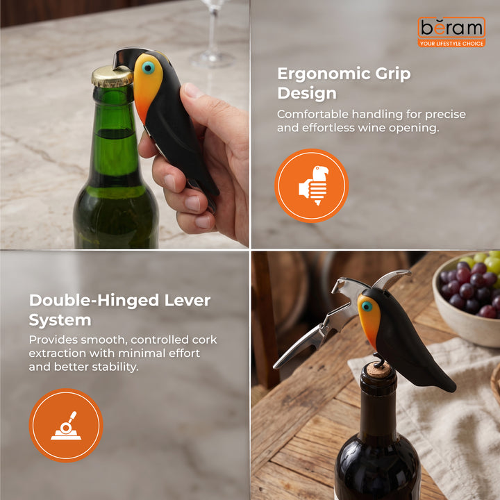 BERAM Multifunctional Parrot-Themed Waiter’s Corkscrew – Stainless Steel Bottle Opener with Heavy-Duty Hinges – Wine Key for Bartenders, Sommeliers & Restaurant Servers