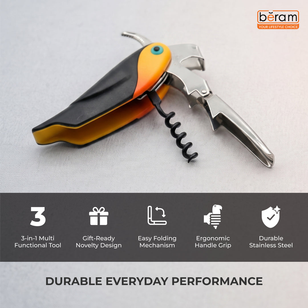 BERAM Multifunctional Parrot-Themed Waiter’s Corkscrew – Stainless Steel Bottle Opener with Heavy-Duty Hinges – Wine Key for Bartenders, Sommeliers & Restaurant Servers