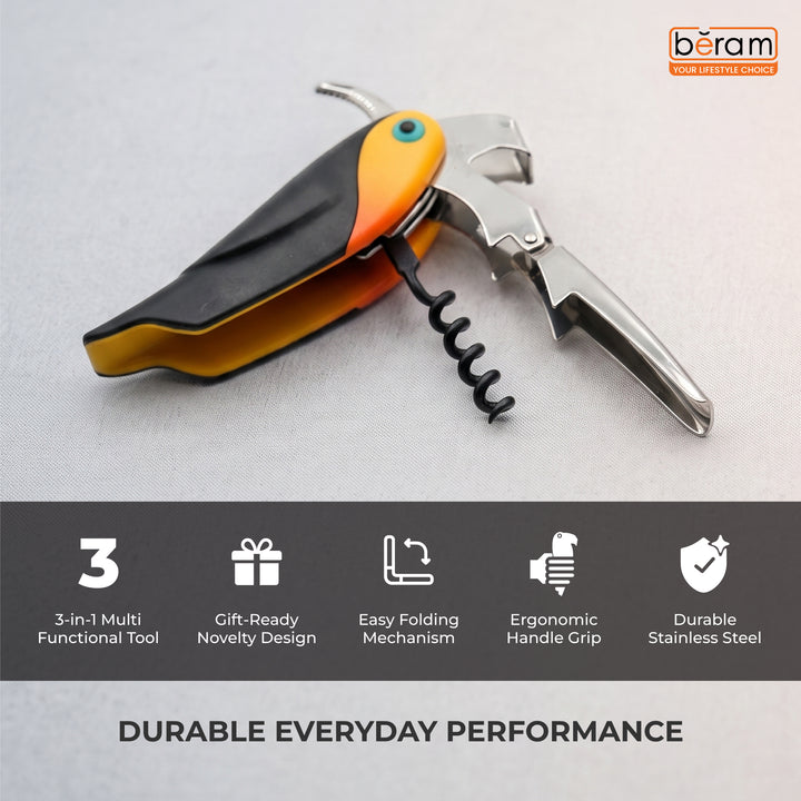 BERAM Multifunctional Parrot-Themed Waiter’s Corkscrew – Stainless Steel Bottle Opener with Heavy-Duty Hinges – Wine Key for Bartenders, Sommeliers & Restaurant Servers