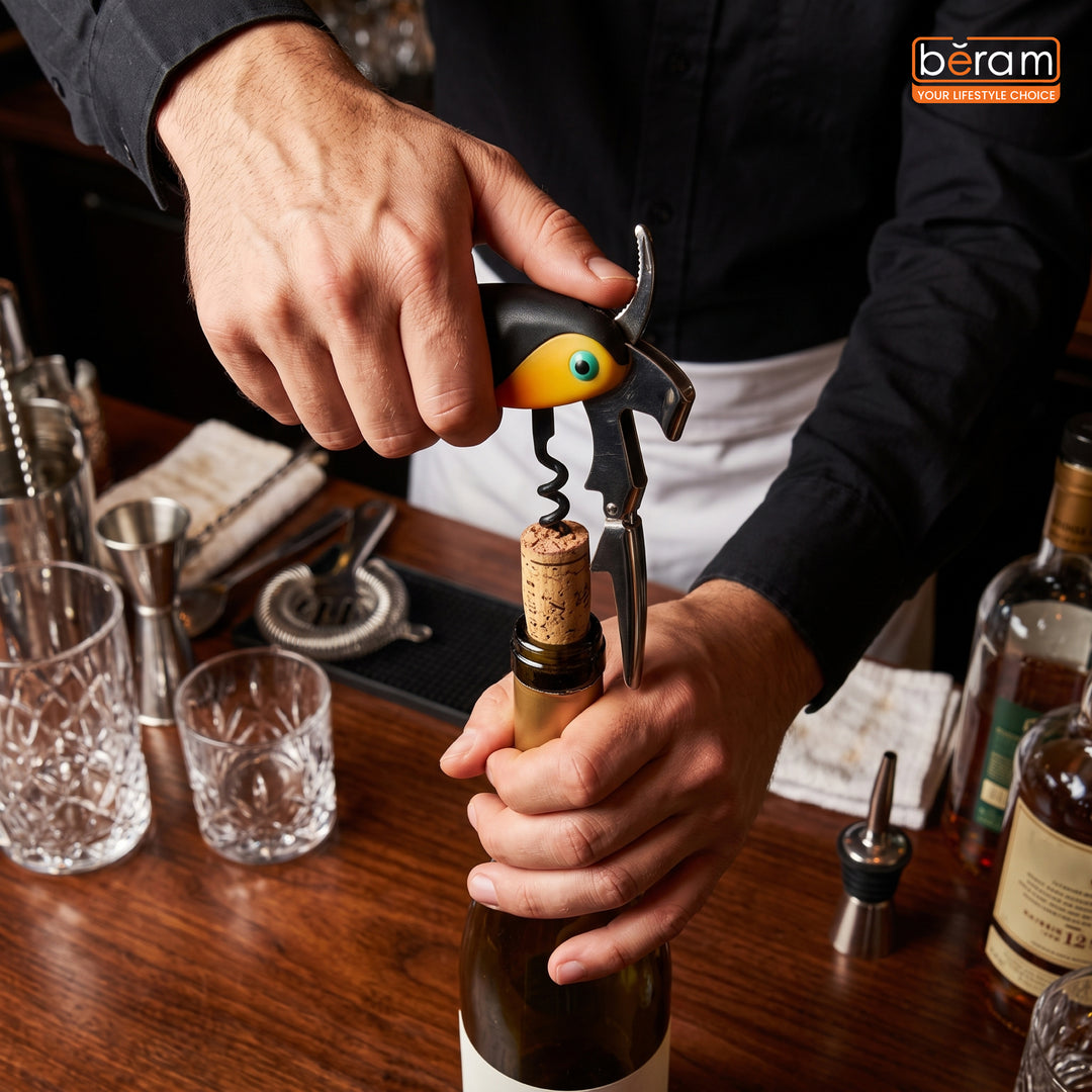 BERAM Multifunctional Parrot-Themed Waiter’s Corkscrew – Stainless Steel Bottle Opener with Heavy-Duty Hinges – Wine Key for Bartenders, Sommeliers & Restaurant Servers