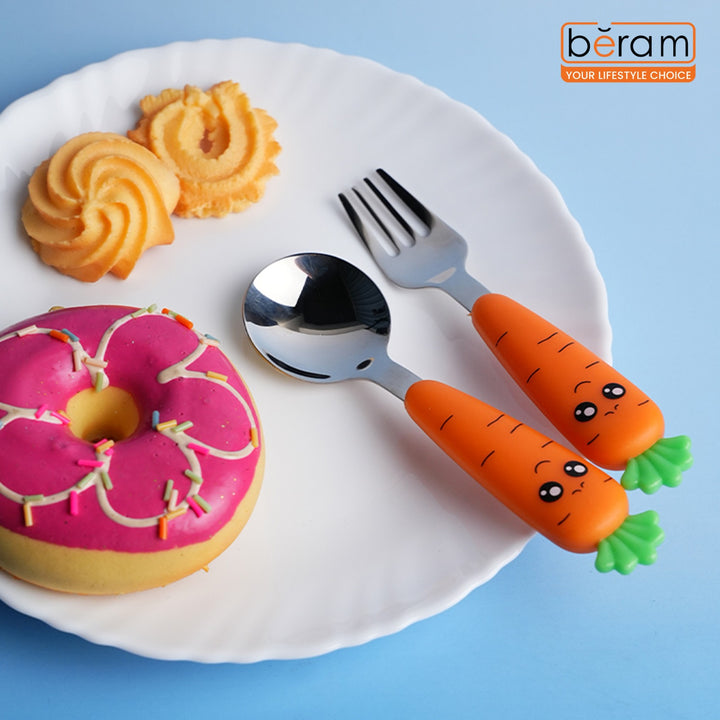 BERAM Rabbit Rapier Children’s Cutlery Set 3 Pcs Carrot Design Handles, Stainless Steel Flatware, 18/10 Grade Stainless Steel Kitchen Set, Compact Size Tableware Set for Toddlers