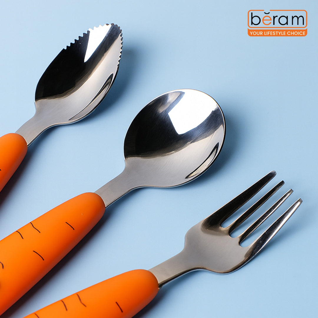 BERAM Rabbit Rapier Children’s Cutlery Set 3 Pcs Carrot Design Handles, Stainless Steel Flatware, 18/10 Grade Stainless Steel Kitchen Set, Compact Size Tableware Set for Toddlers