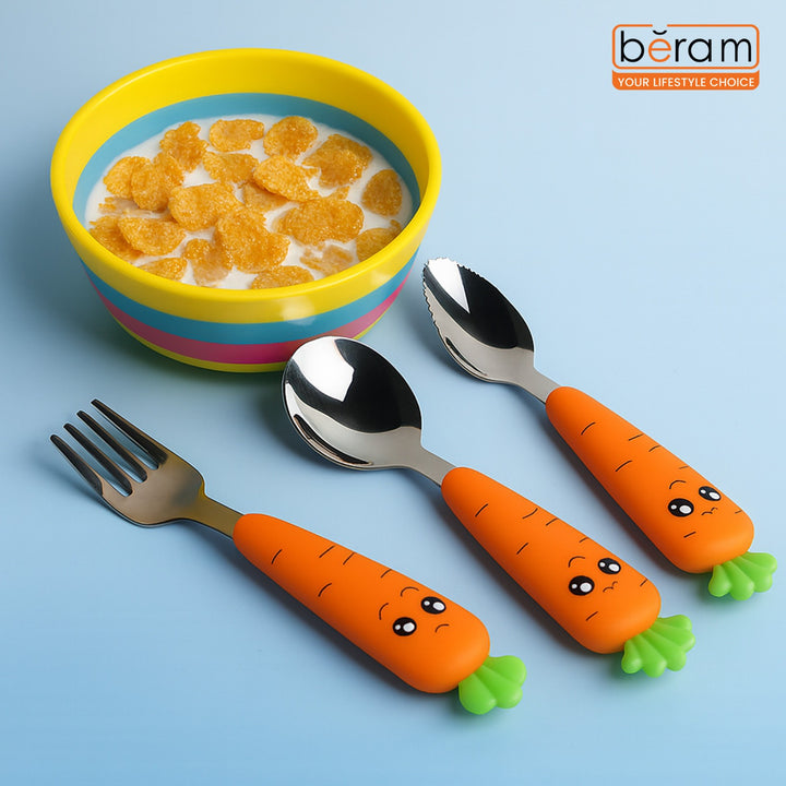 BERAM Rabbit Rapier Children’s Cutlery Set 3 Pcs Carrot Design Handles, Stainless Steel Flatware, 18/10 Grade Stainless Steel Kitchen Set, Compact Size Tableware Set for Toddlers