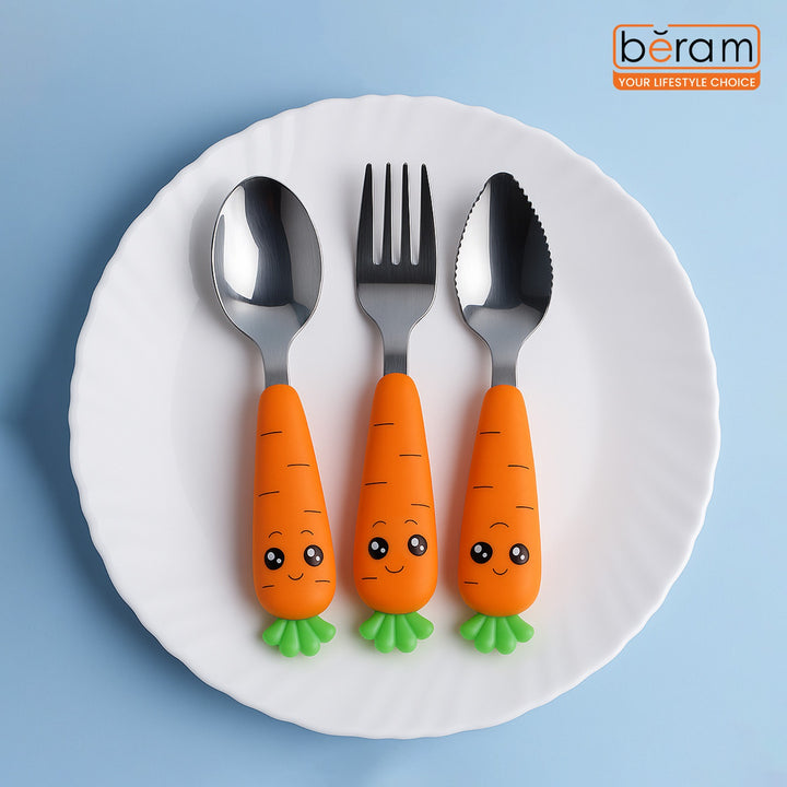 BERAM Rabbit Rapier Children’s Cutlery Set 3 Pcs Carrot Design Handles, Stainless Steel Flatware, 18/10 Grade Stainless Steel Kitchen Set, Compact Size Tableware Set for Toddlers