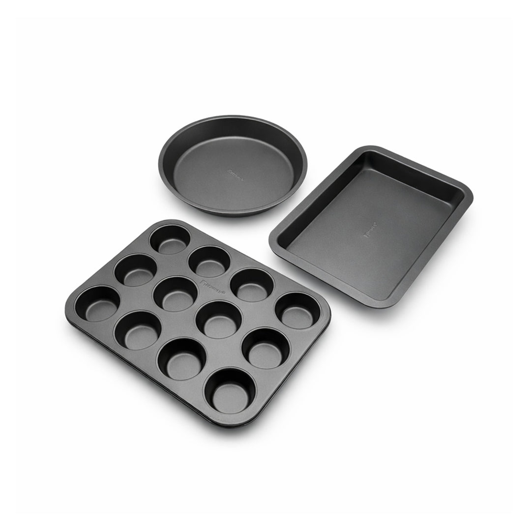 BERGNER 3Pc Non Stick Carbon Steel Black Bakeware Set with 12 Cup Muffin Tray Springform Cake Pan and Loaf Pan Oven Safe Baking Tins for Cake Muffin Bread Baking Essentials