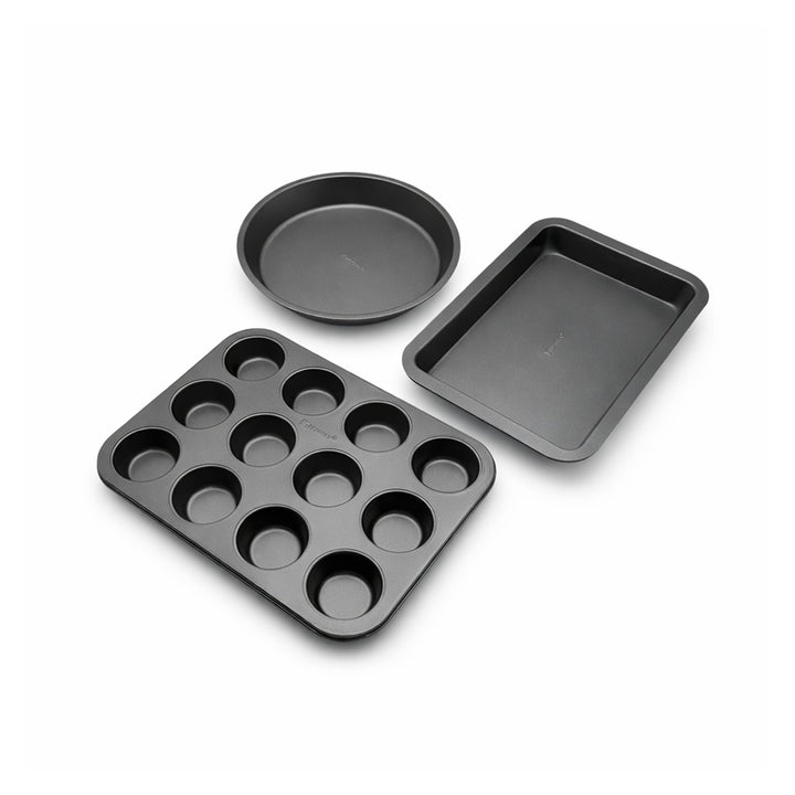 BERGNER 3Pc Non Stick Carbon Steel Black Bakeware Set with 12 Cup Muffin Tray Springform Cake Pan and Loaf Pan Oven Safe Baking Tins for Cake Muffin Bread Baking Essentials