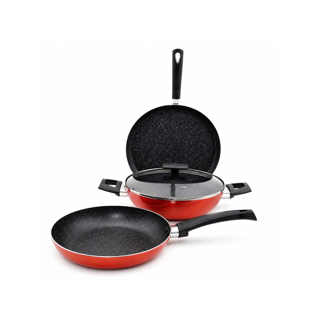 Ultra 4 Piece Pressed Aluminum Cookware Set with Induction Bottom and Marble Plus Non Stick Coating Suitable for All Stoves Metallic Orange Color