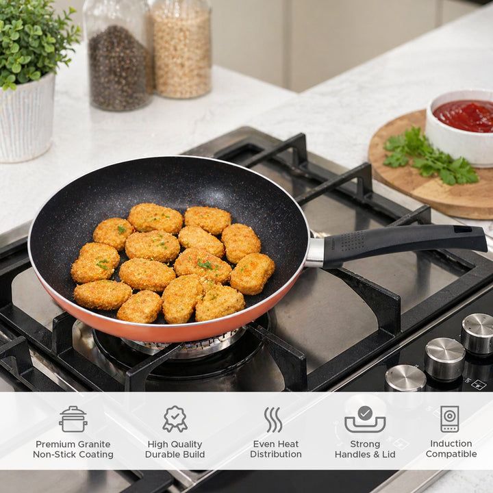Ultra 4 Piece Pressed Aluminum Cookware Set with Induction Bottom and Marble Plus Non Stick Coating Suitable for All Stoves Metallic Orange Color