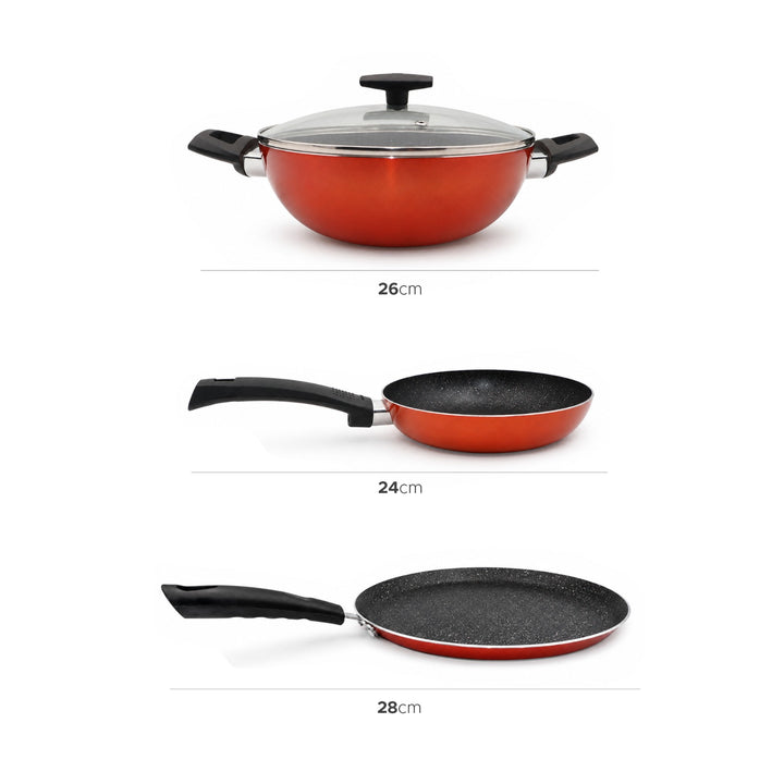 Ultra 4 Piece Pressed Aluminum Cookware Set with Induction Bottom and Marble Plus Non Stick Coating Suitable for All Stoves Metallic Orange Color