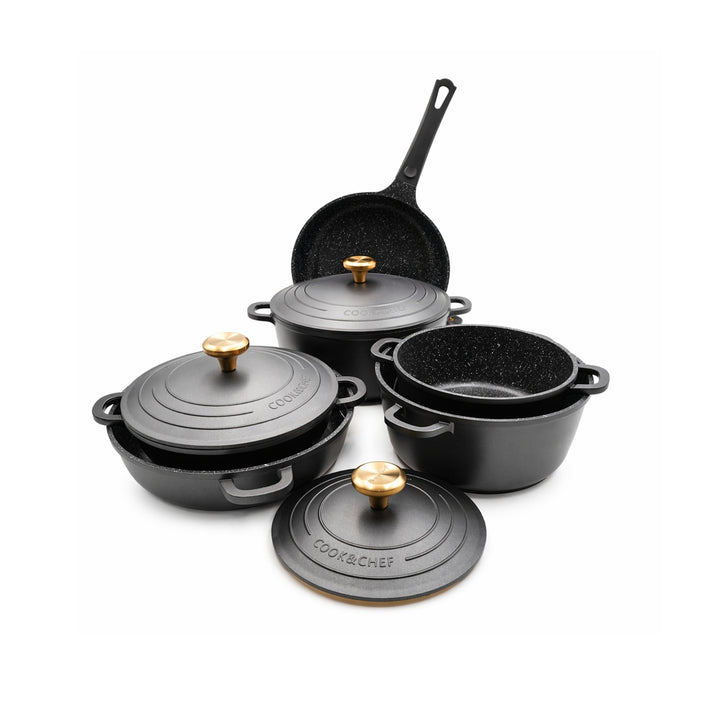 11-Piece Non-Stick Cookware Set with Lids – Granite Coated Die-Cast Aluminum Casserole Pots & Fry Pan, Heat-Resistant Handles, Induction & Gas Compatible