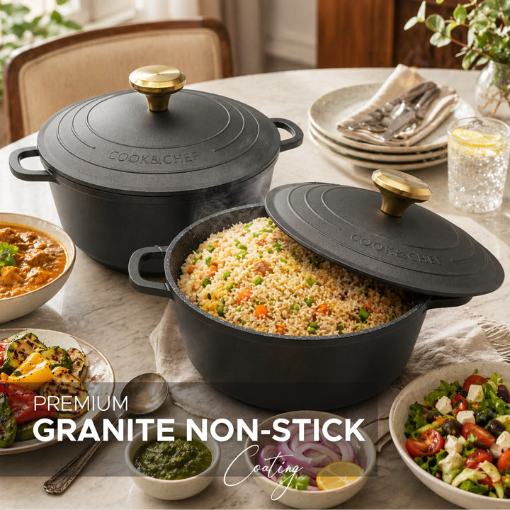 11-Piece Non-Stick Cookware Set with Lids – Granite Coated Die-Cast Aluminum Casserole Pots & Fry Pan, Heat-Resistant Handles, Induction & Gas Compatible