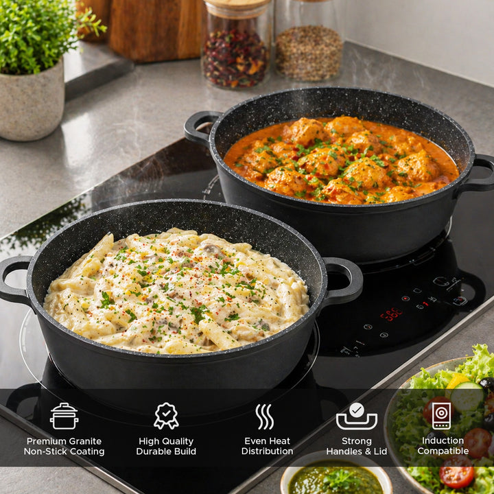 11-Piece Non-Stick Cookware Set with Lids – Granite Coated Die-Cast Aluminum Casserole Pots & Fry Pan, Heat-Resistant Handles, Induction & Gas Compatible