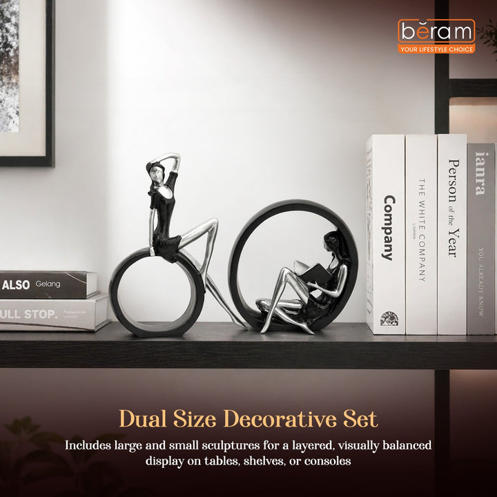 BERAM Large& Small Black and Silver Round Dual Decor Modern Abstract Resin Circle Sculpture Elegant Home Decorative Statue for Living Room Office Entryway Tabletop Display Modern Art Figurine