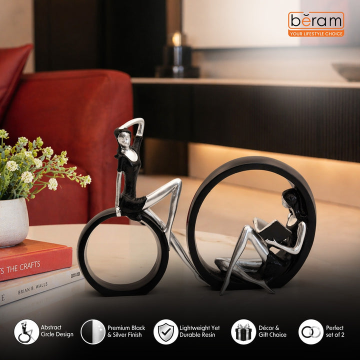BERAM Large& Small Black and Silver Round Dual Decor Modern Abstract Resin Circle Sculpture Elegant Home Decorative Statue for Living Room Office Entryway Tabletop Display Modern Art Figurine