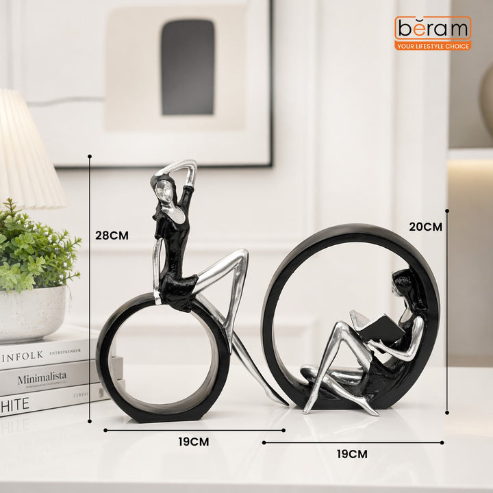 BERAM Large& Small Black and Silver Round Dual Decor Modern Abstract Resin Circle Sculpture Elegant Home Decorative Statue for Living Room Office Entryway Tabletop Display Modern Art Figurine