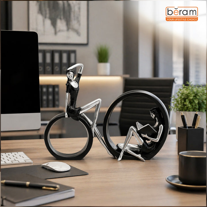 BERAM Large& Small Black and Silver Round Dual Decor Modern Abstract Resin Circle Sculpture Elegant Home Decorative Statue for Living Room Office Entryway Tabletop Display Modern Art Figurine