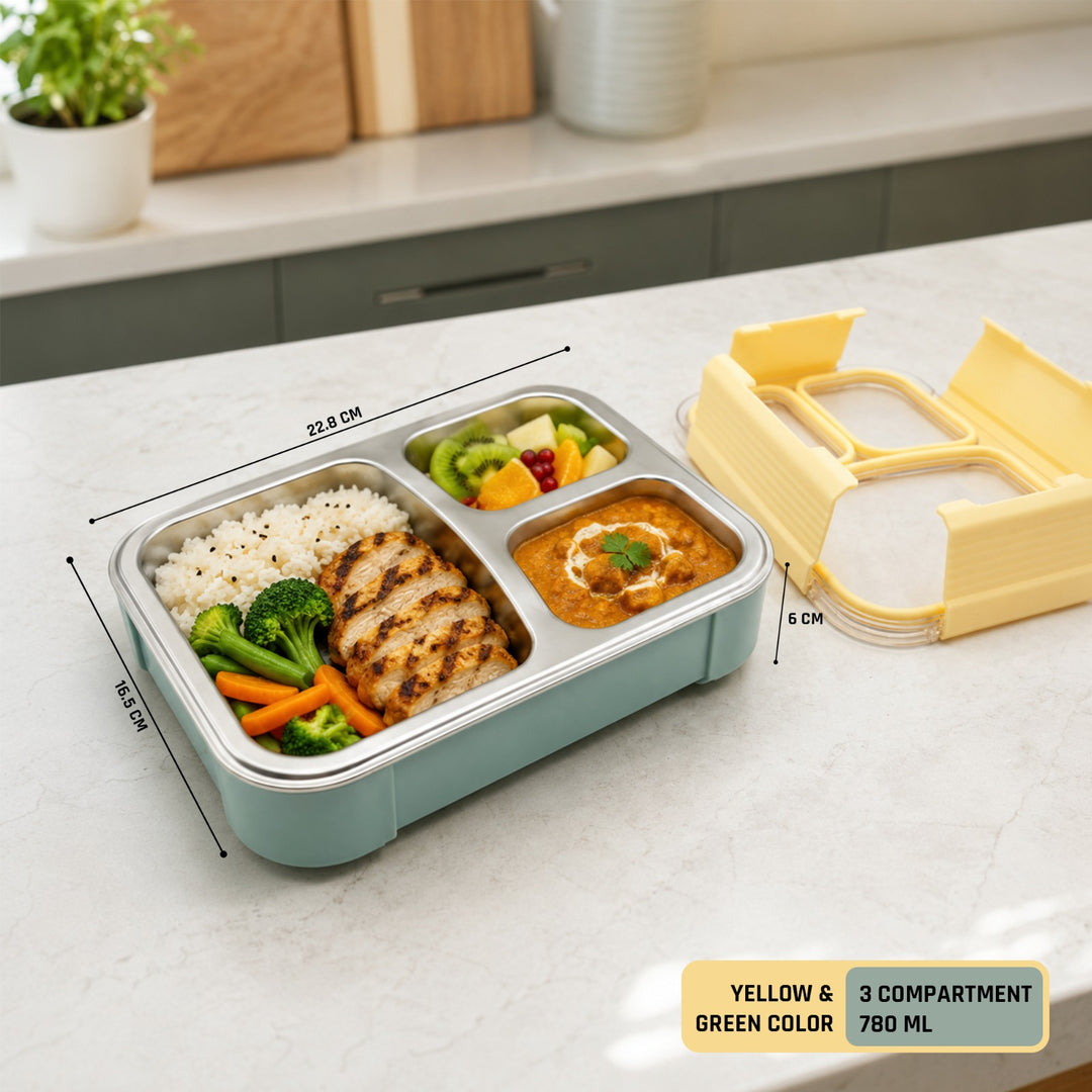 Beram Premium 304 Stainless Steel Insulated Bento Lunch Box 780ml – Silicone & PP 3 Compartment Leakproof Tiffin Box for Kids & Adults BPA-Free Eco-Friendly Food Storage Box for School & Office
