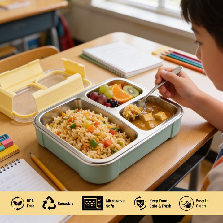 Beram Premium 304 Stainless Steel Insulated Bento Lunch Box 780ml – Silicone & PP 3 Compartment Leakproof Tiffin Box for Kids & Adults BPA-Free Eco-Friendly Food Storage Box for School & Office