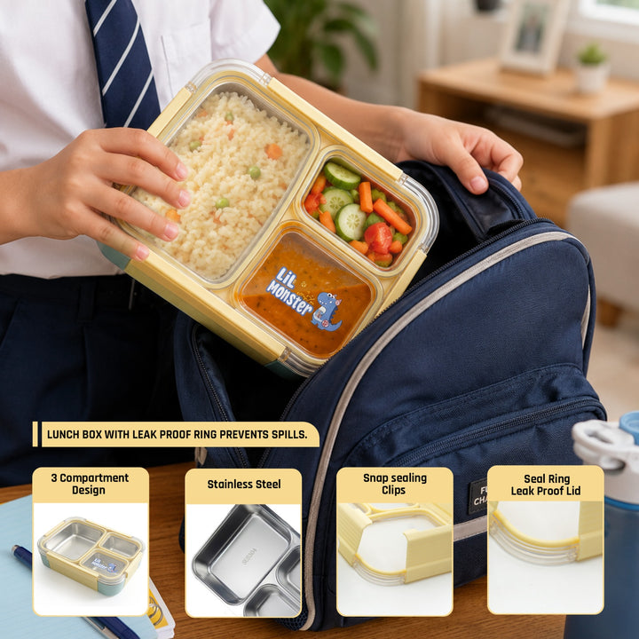 Beram Premium 304 Stainless Steel Insulated Bento Lunch Box 780ml – Silicone & PP 3 Compartment Leakproof Tiffin Box for Kids & Adults BPA-Free Eco-Friendly Food Storage Box for School & Office