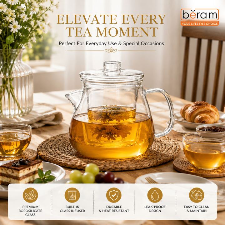 BERAM Glass Teapot with Removable Stainless Steel Infuser, Parrot Tip Teapot, 500ml, Borosilicate Clear Tea Kettle, Stovetop Safe, Hand Crafted Tea Kettle for Home, Loose Leaf Tea Maker, Tea Brewer