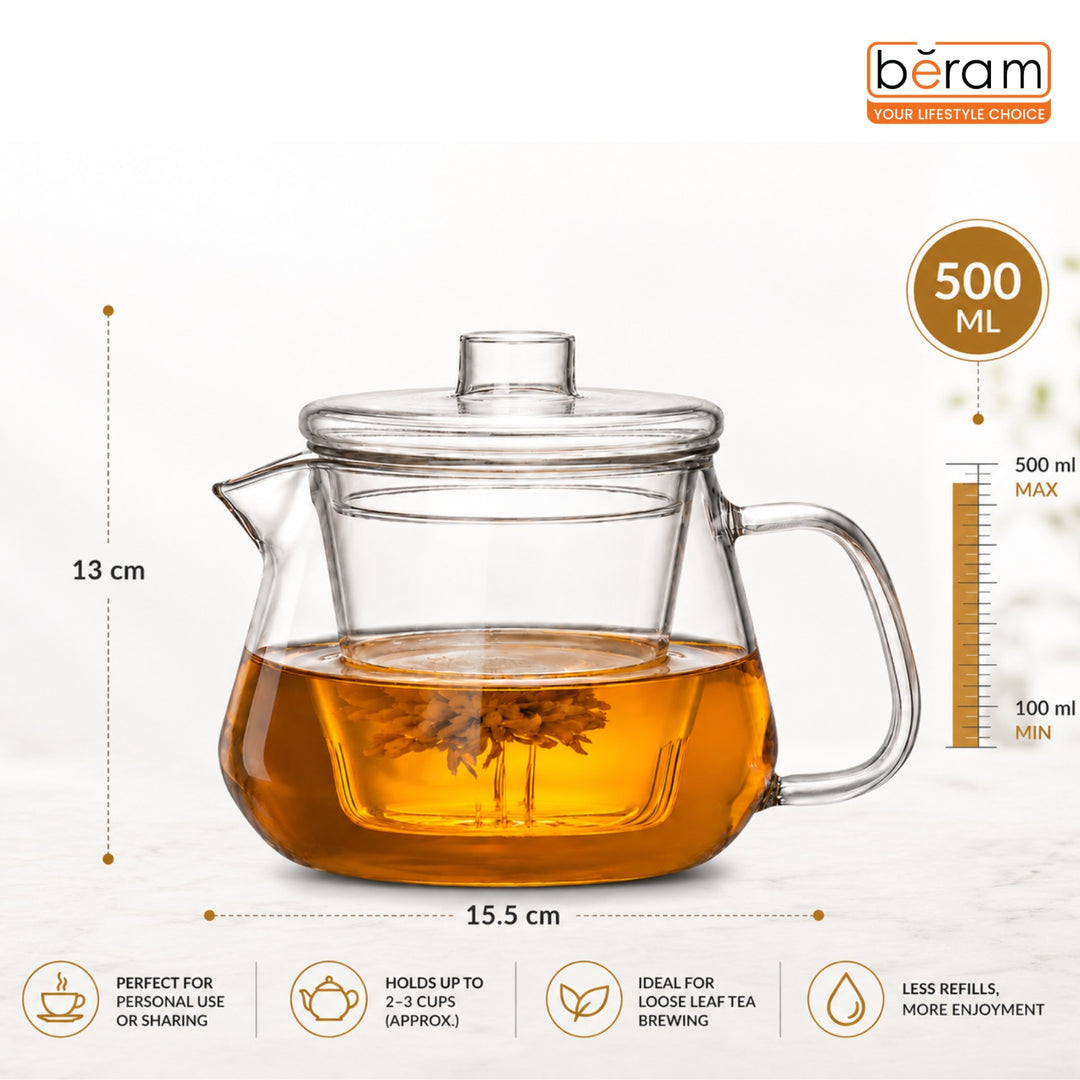 BERAM Glass Teapot with Removable Stainless Steel Infuser, Parrot Tip Teapot, 500ml, Borosilicate Clear Tea Kettle, Stovetop Safe, Hand Crafted Tea Kettle for Home, Loose Leaf Tea Maker, Tea Brewer