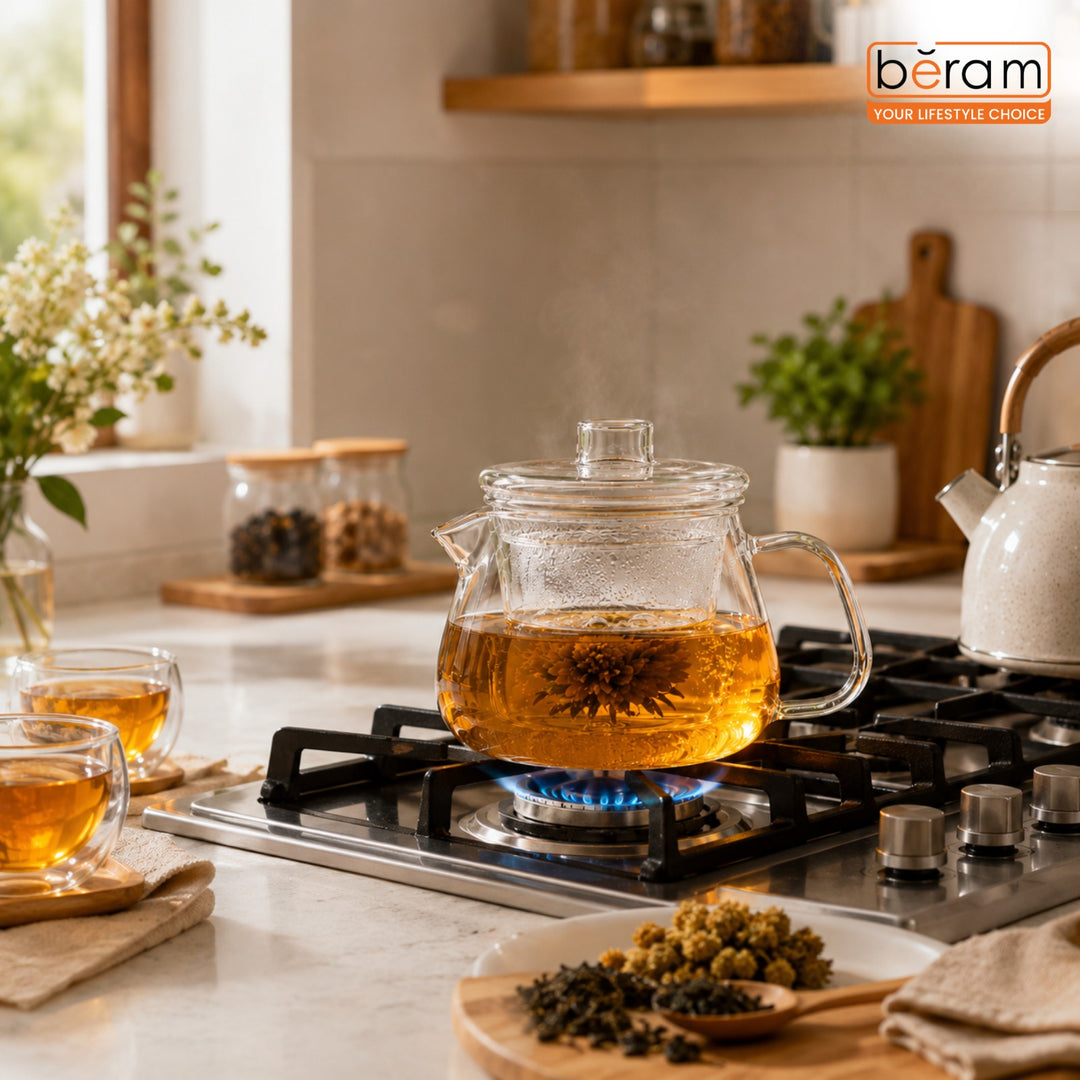 BERAM Glass Teapot with Removable Stainless Steel Infuser, Parrot Tip Teapot, 500ml, Borosilicate Clear Tea Kettle, Stovetop Safe, Hand Crafted Tea Kettle for Home, Loose Leaf Tea Maker, Tea Brewer