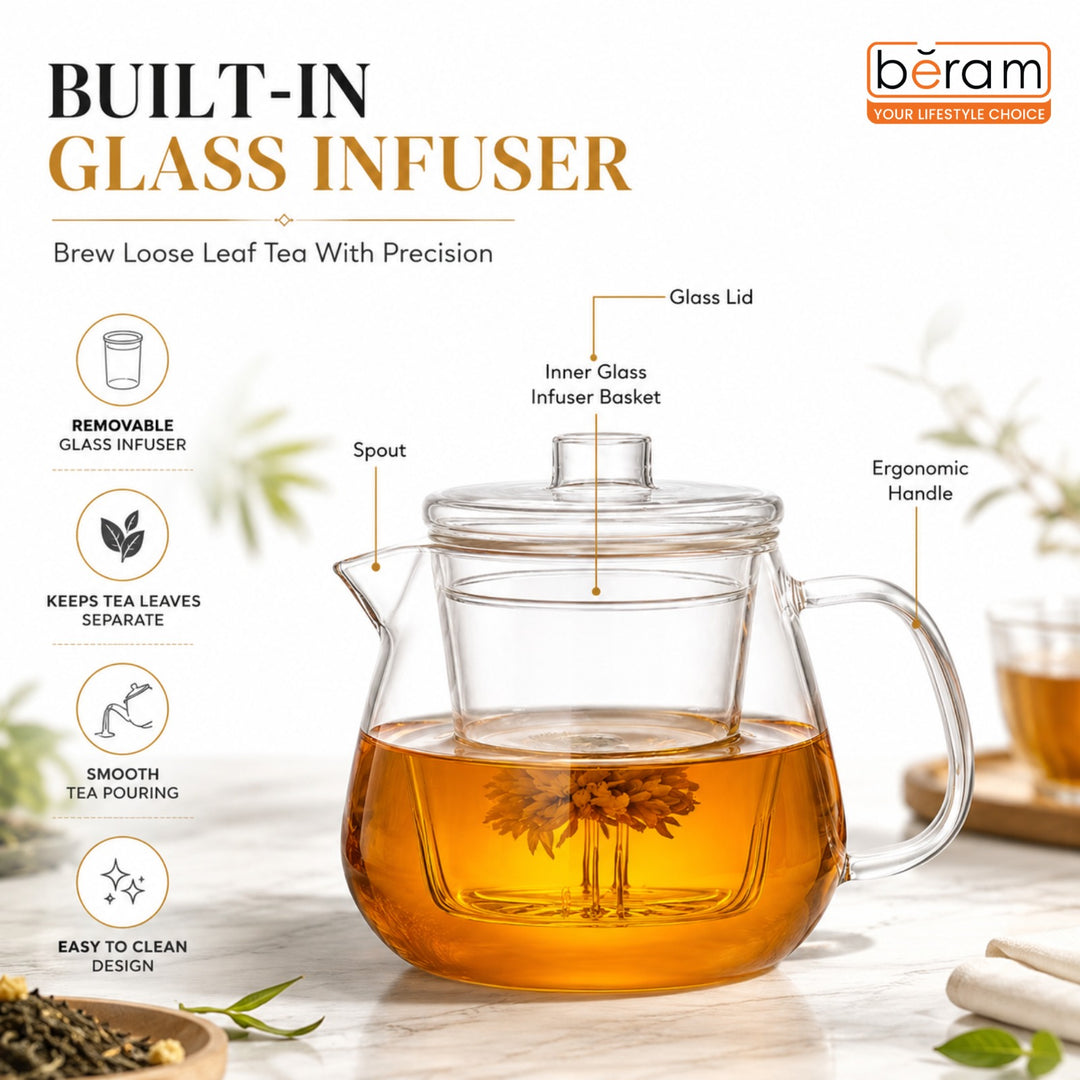 BERAM Glass Teapot with Removable Stainless Steel Infuser, Parrot Tip Teapot, 500ml, Borosilicate Clear Tea Kettle, Stovetop Safe, Hand Crafted Tea Kettle for Home, Loose Leaf Tea Maker, Tea Brewer
