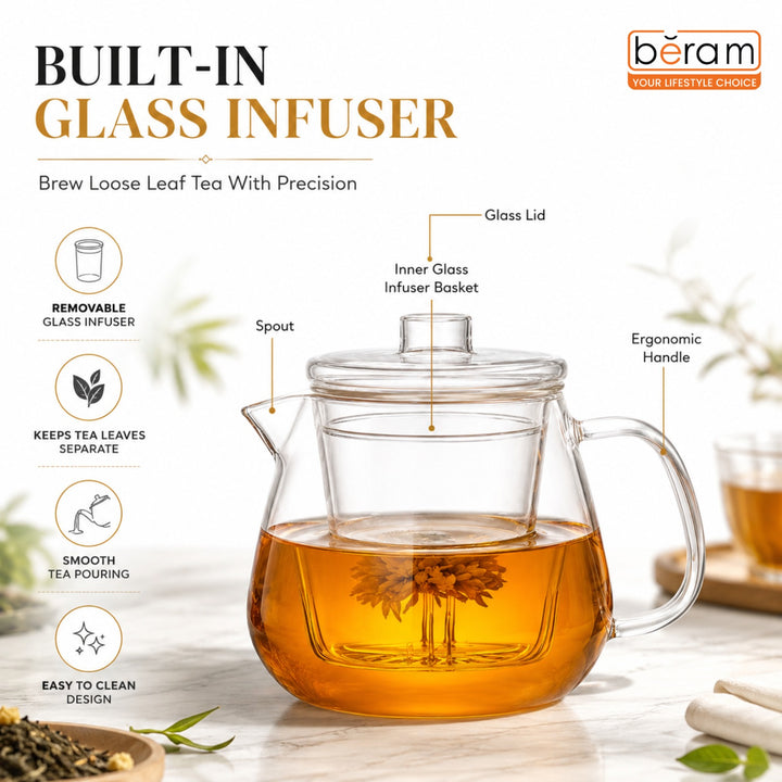 BERAM Glass Teapot with Removable Stainless Steel Infuser, Parrot Tip Teapot, 500ml, Borosilicate Clear Tea Kettle, Stovetop Safe, Hand Crafted Tea Kettle for Home, Loose Leaf Tea Maker, Tea Brewer
