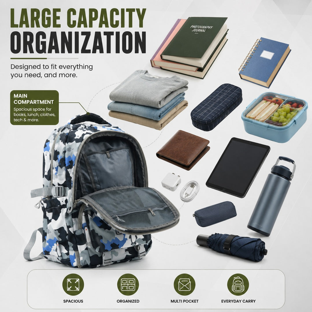Urban Camo School Backpack, Large Capacity Camouflage Backpack with Multiple Compartments, Lightweight Student Book Bag with Side Bottle Pockets for School, College, Travel, Office & Daily Use