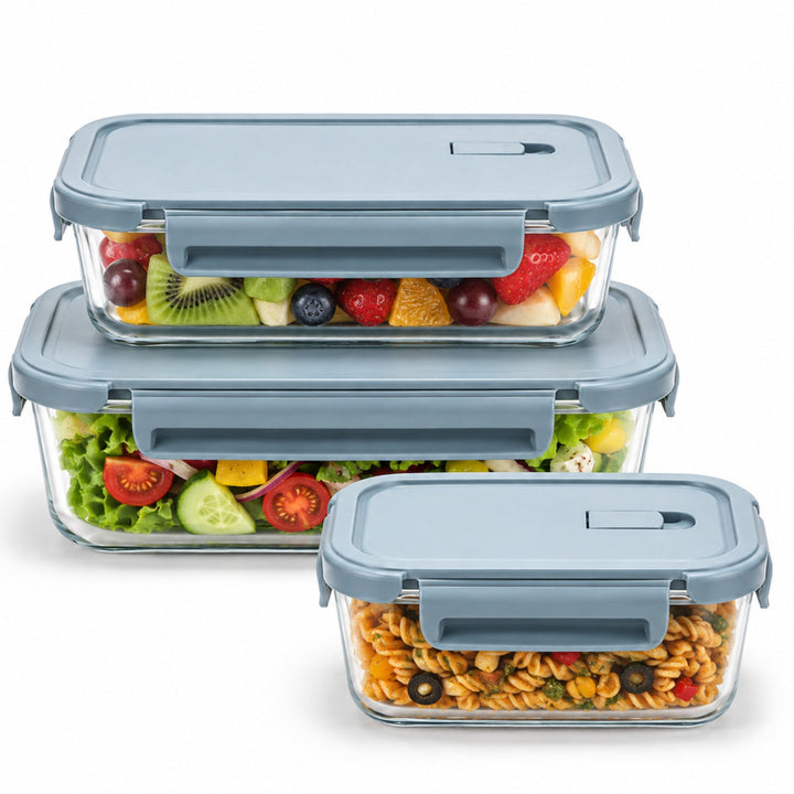 3 Piece Rectangular Food Storage Container Set with Airtight Locking Lids, Reusable Meal Prep Containers with Air Release Valve, Stackable Food Boxes for Kitchen, Lunch, Snacks, Fruits & Leftovers