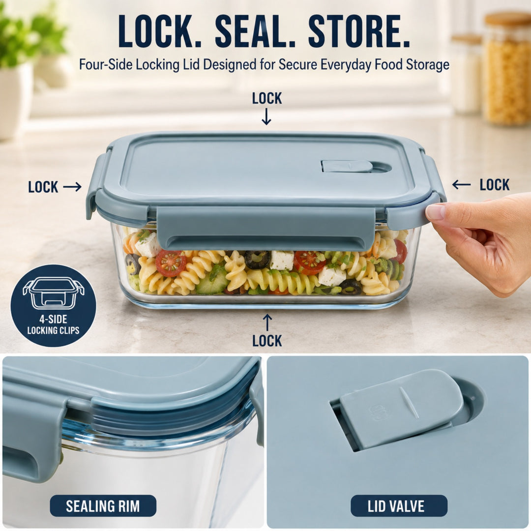 3 Piece Rectangular Food Storage Container Set with Airtight Locking Lids, Reusable Meal Prep Containers with Air Release Valve, Stackable Food Boxes for Kitchen, Lunch, Snacks, Fruits & Leftovers