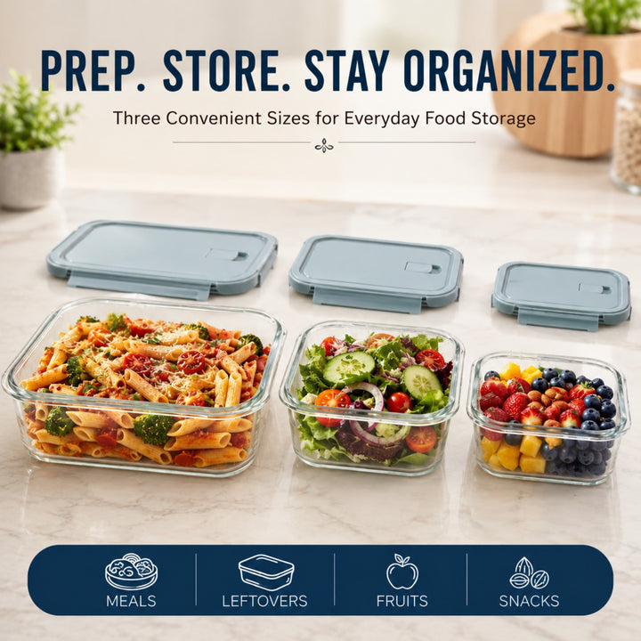 3 Piece Rectangular Food Storage Container Set with Airtight Locking Lids, Reusable Meal Prep Containers with Air Release Valve, Stackable Food Boxes for Kitchen, Lunch, Snacks, Fruits & Leftovers