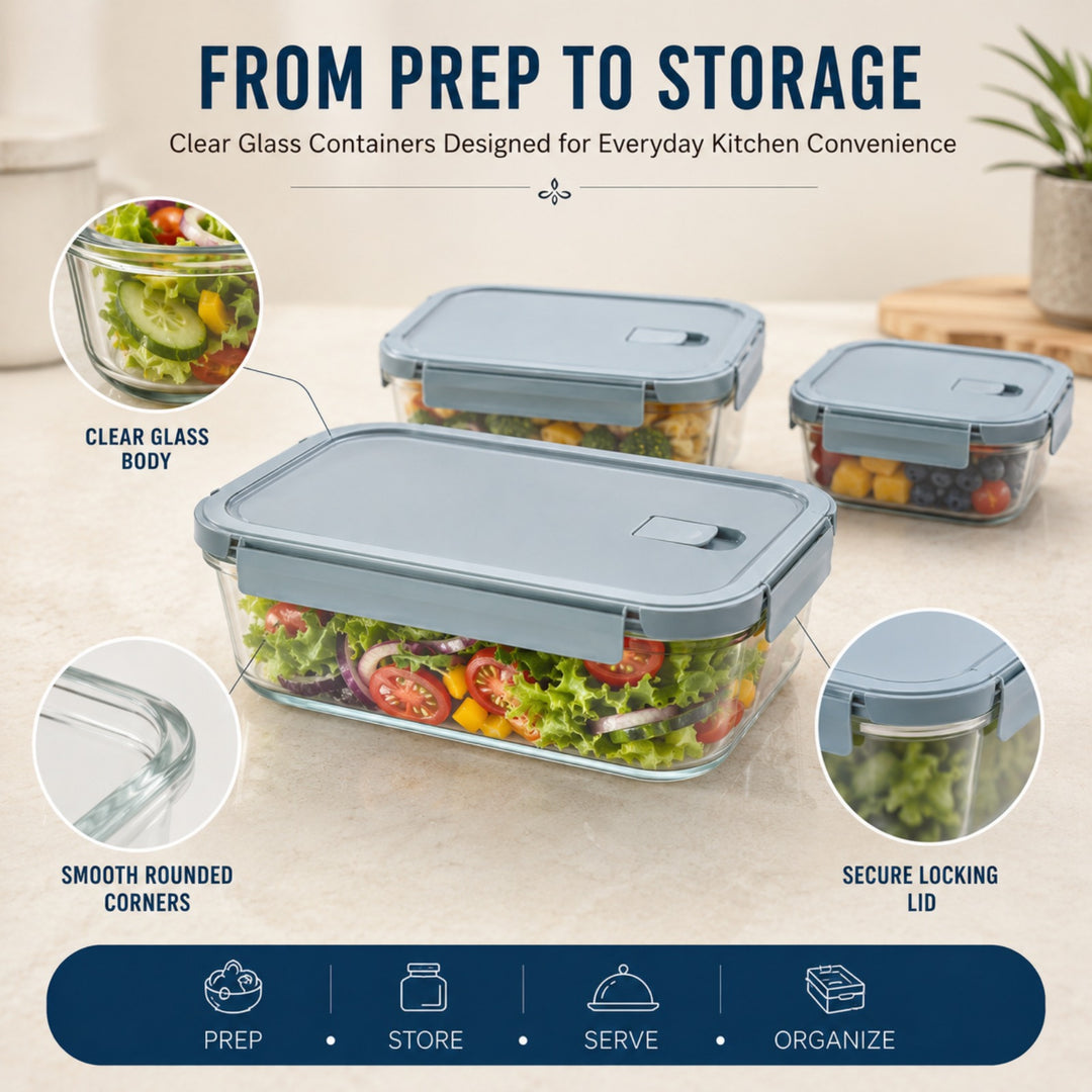 3 Piece Rectangular Food Storage Container Set with Airtight Locking Lids, Reusable Meal Prep Containers with Air Release Valve, Stackable Food Boxes for Kitchen, Lunch, Snacks, Fruits & Leftovers