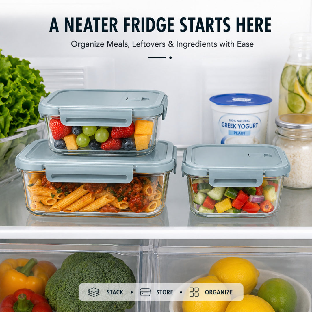 3 Piece Rectangular Food Storage Container Set with Airtight Locking Lids, Reusable Meal Prep Containers with Air Release Valve, Stackable Food Boxes for Kitchen, Lunch, Snacks, Fruits & Leftovers