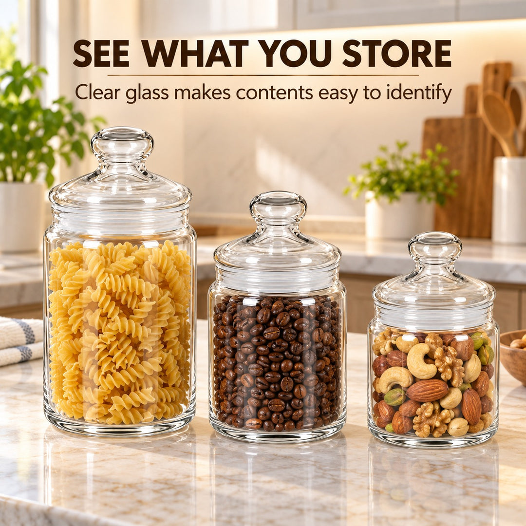 3-Piece Glass Storage Jar Set with Lids, Clear Pantry Containers with Wide Opening, Multipurpose Kitchen Organizer for Pasta, Coffee, Nuts, Snacks & More