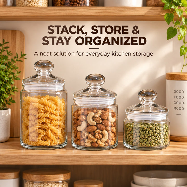 3-Piece Glass Storage Jar Set with Lids, Clear Pantry Containers with Wide Opening, Multipurpose Kitchen Organizer for Pasta, Coffee, Nuts, Snacks & More